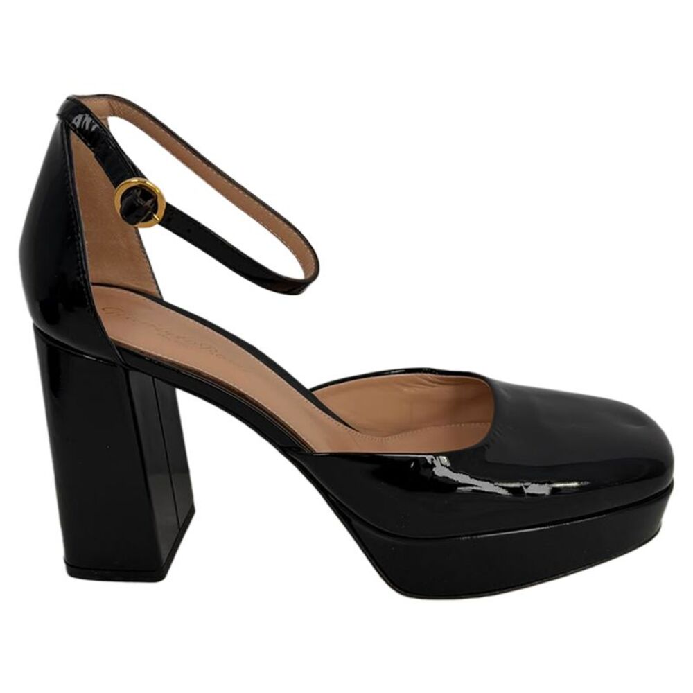 Gianvito Rossi Ankle Strap Platform Pumps in Black Patent Leather